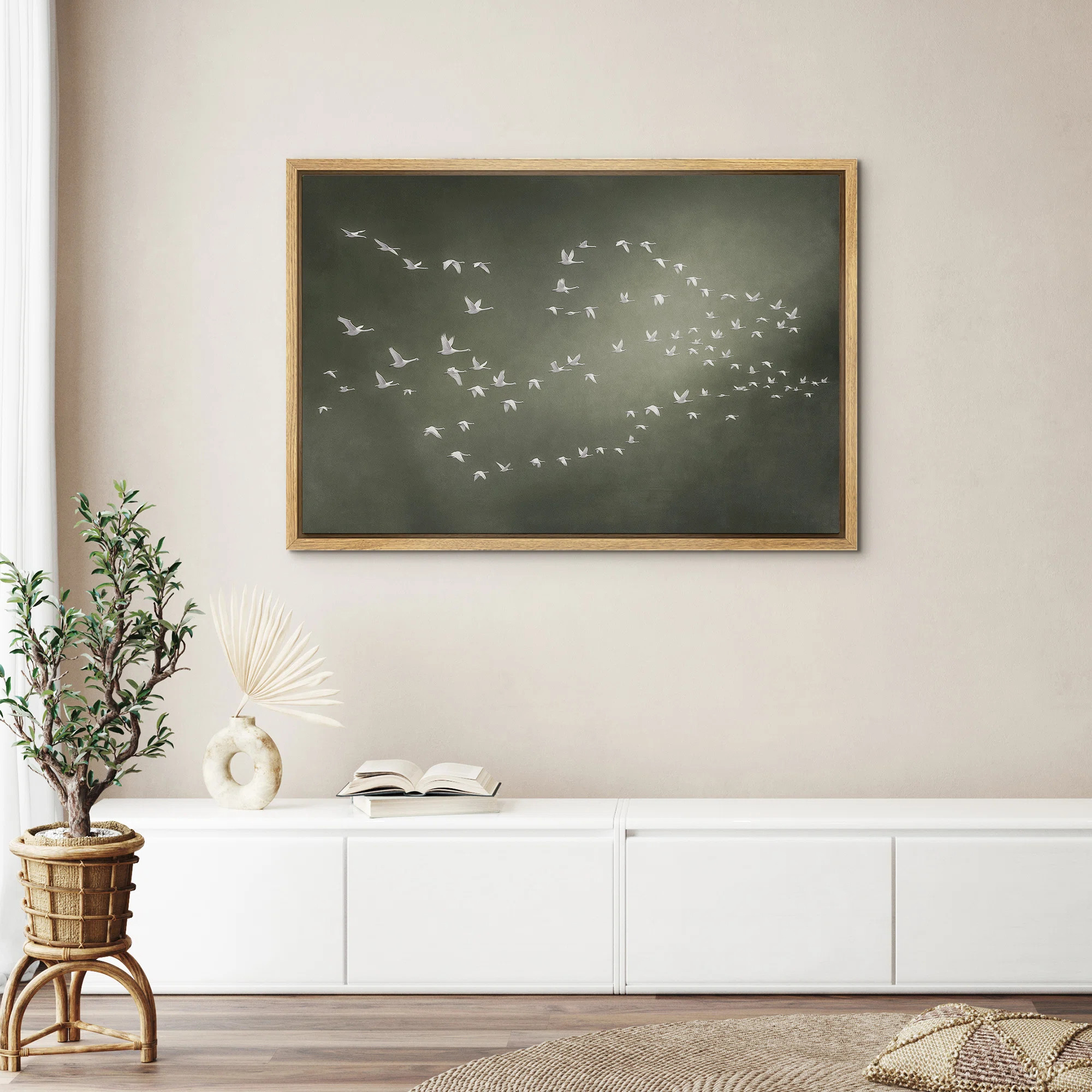 Flock of White Birds Wall Art - Minimalist Flight Pattern on Green Background, Framed Nature Prin... | Wayfair North America