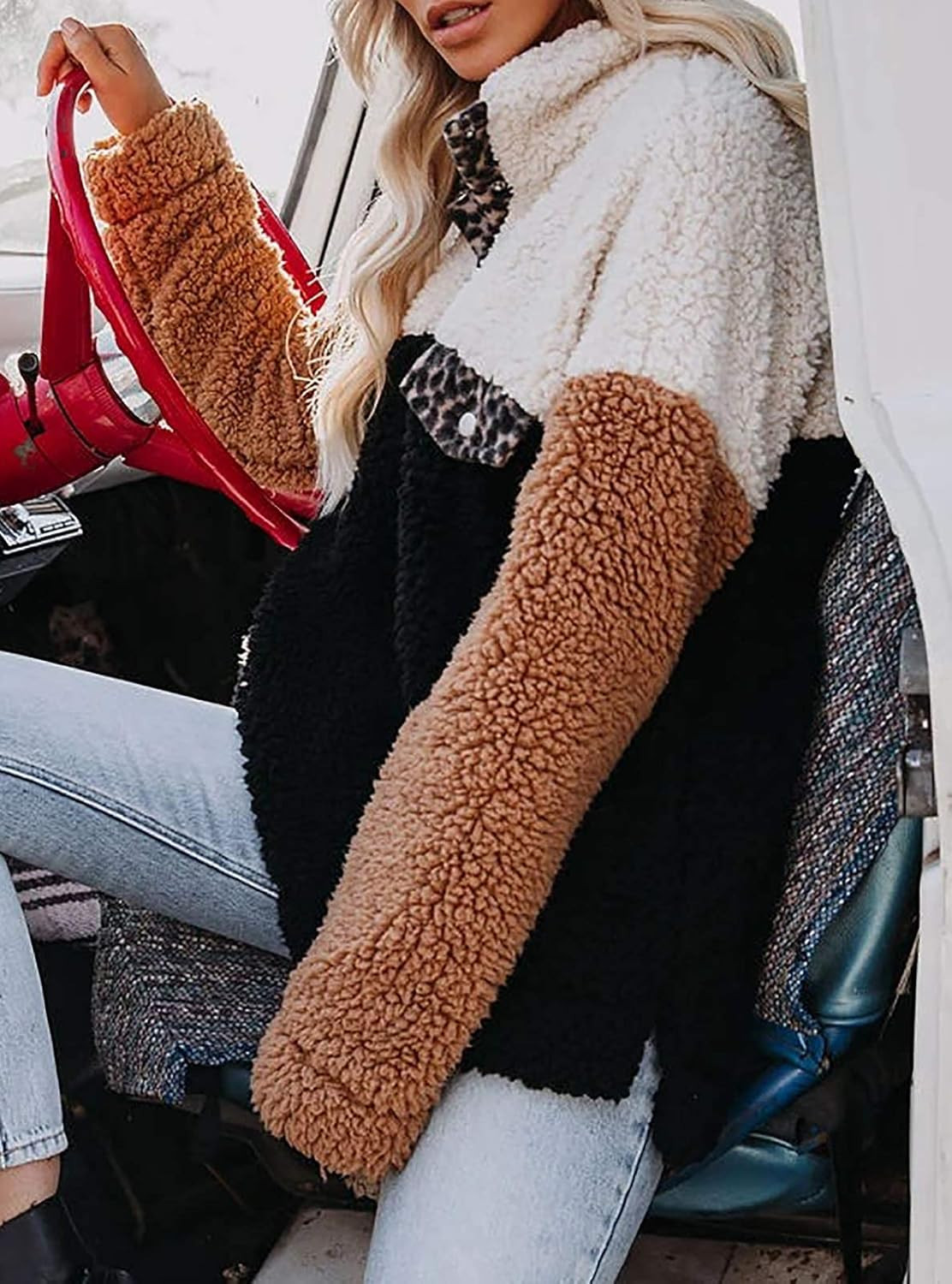 Ermonn Womens Sherpa Fuzzy Fleece Sweatshirt Oversized Contrast Color Button Cozy Pockets Pullove... | Amazon (US)