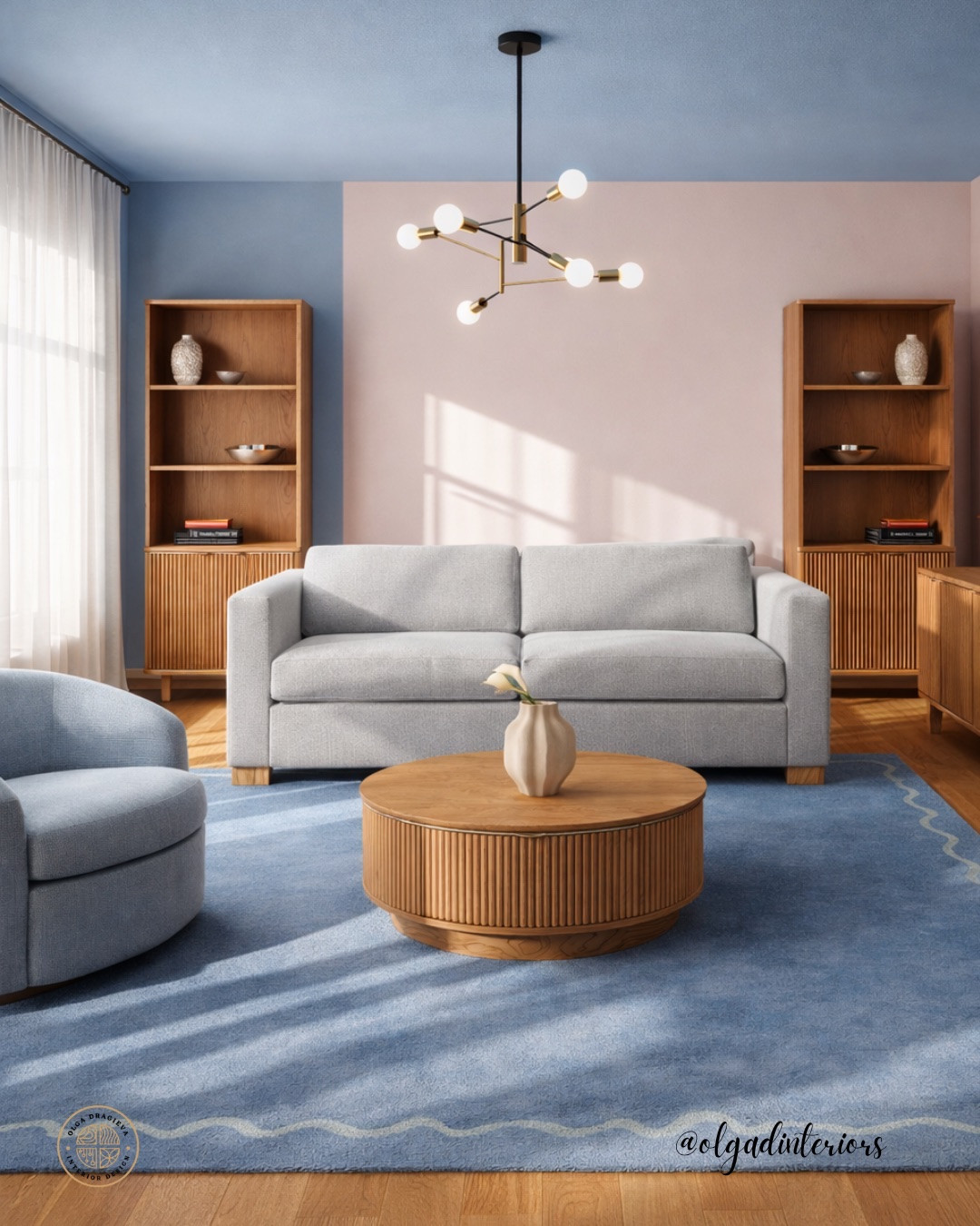 Living room ideas, I love this pale blue sofa and chair, blue rug, fluted coffee table, bookcases and a sideboard from CB2. Blue and blush pink color blocking. #homedecor #livingroom

#LTKSeasonal #LTKHome #LTKSaleAlert