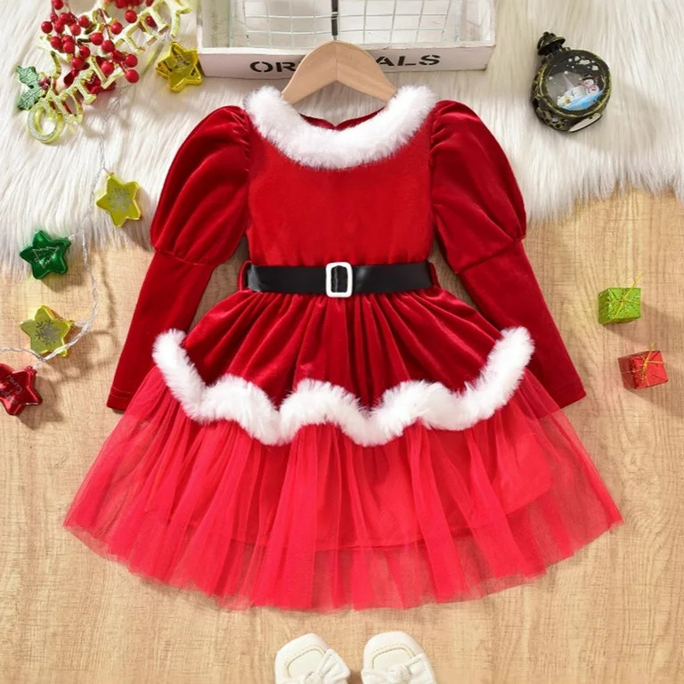 Christmas Dress for Toddler Girls Santa Claus Dress Long Sleeve Velvet Belted Dress Holiday Party... | Walmart (US)