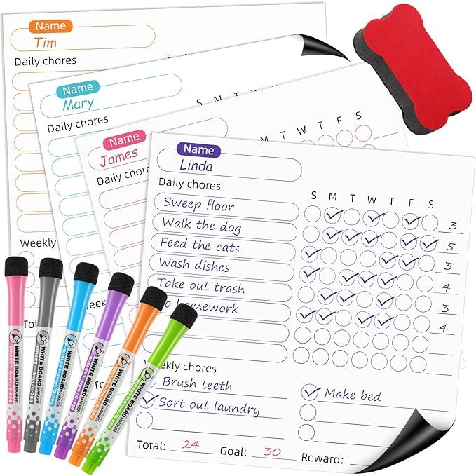 Magnetic Chore Chart for Kids, 4 Pcs Dry Erase Behavior Charts and 6 Colored Markers with Eraser ... | Amazon (US)