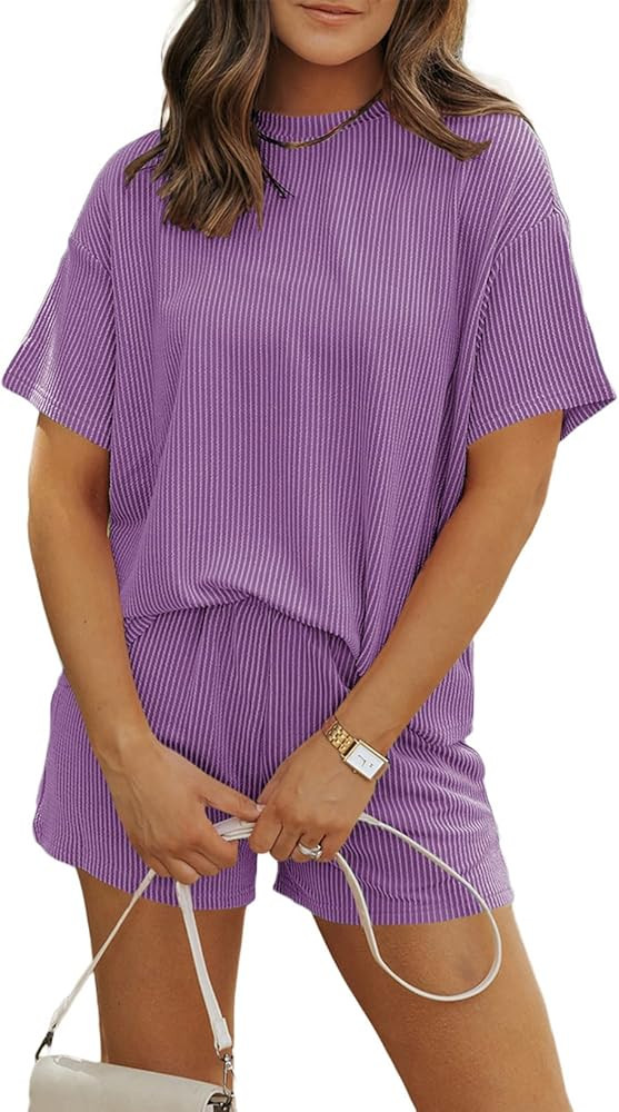 MARZXIN Women's 2 Piece Outfits Summer Tracksuit Ribbed Textured Knit Loose Lounge Shorts Set Sho... | Amazon (US)