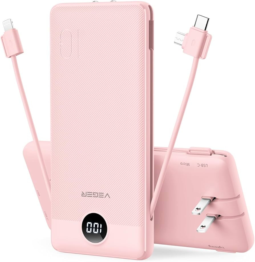 VEGER Portable Charger with Built-in AC Plug and Cables, All in One 10000mAh Ultra Slim Power Ban... | Amazon (CA)