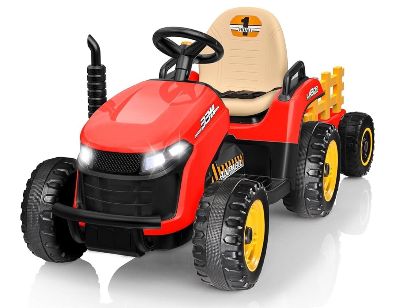 ANPABO 24V Ride On Tractor w/Tiltable & Detachable Trailer, EVA Tires, Up to 4.3Mph, Ride On Toys with Parental Remote, Realistic Tractor Sound & Chimney, Music Player, LED Light, Red

#LTKKids