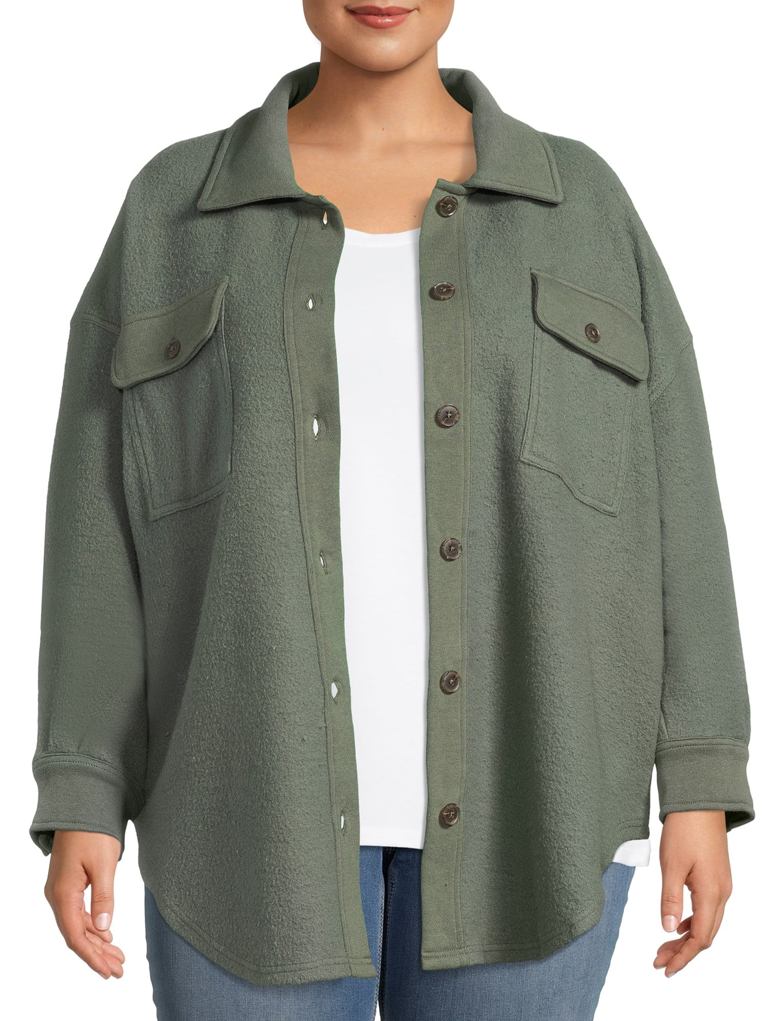 Terra & Sky Women's Plus Size Fleece Two Pocket Shacket - Walmart.com | Walmart (US)