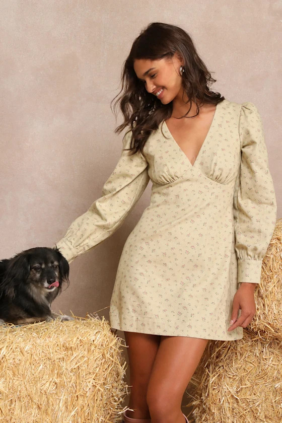 Darling Girl Beige Floral Twill Long Sleeve Mini Dress | Lulus