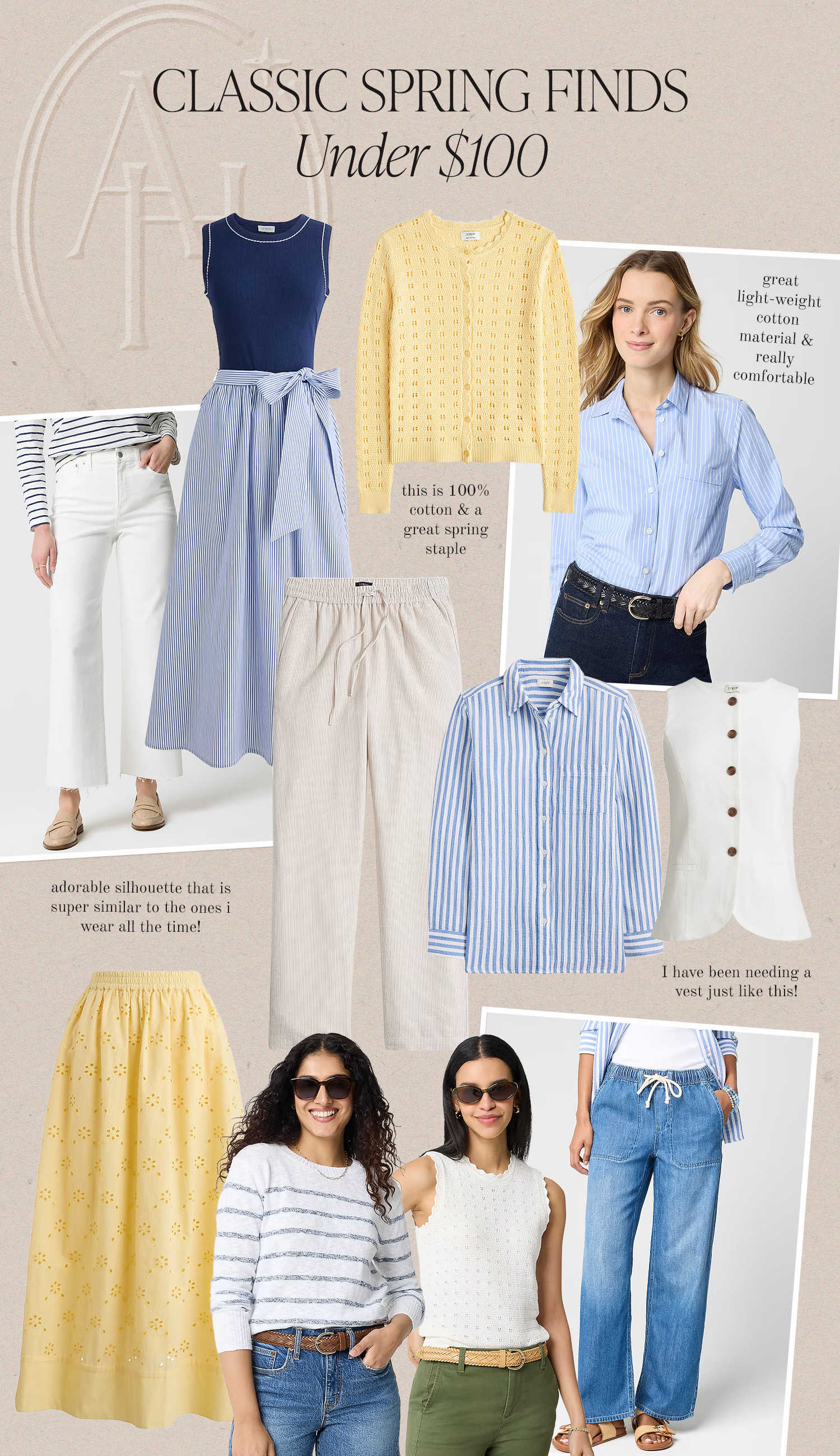 cute new spring finds under $100 
.
J.Crew, J.Crew Factory, classic style, yellow cardigan, butter yellow, butter yellow skirt, a-line skirt, stripe sweater, white denim, classic style, spring wardrobe essentials 

 