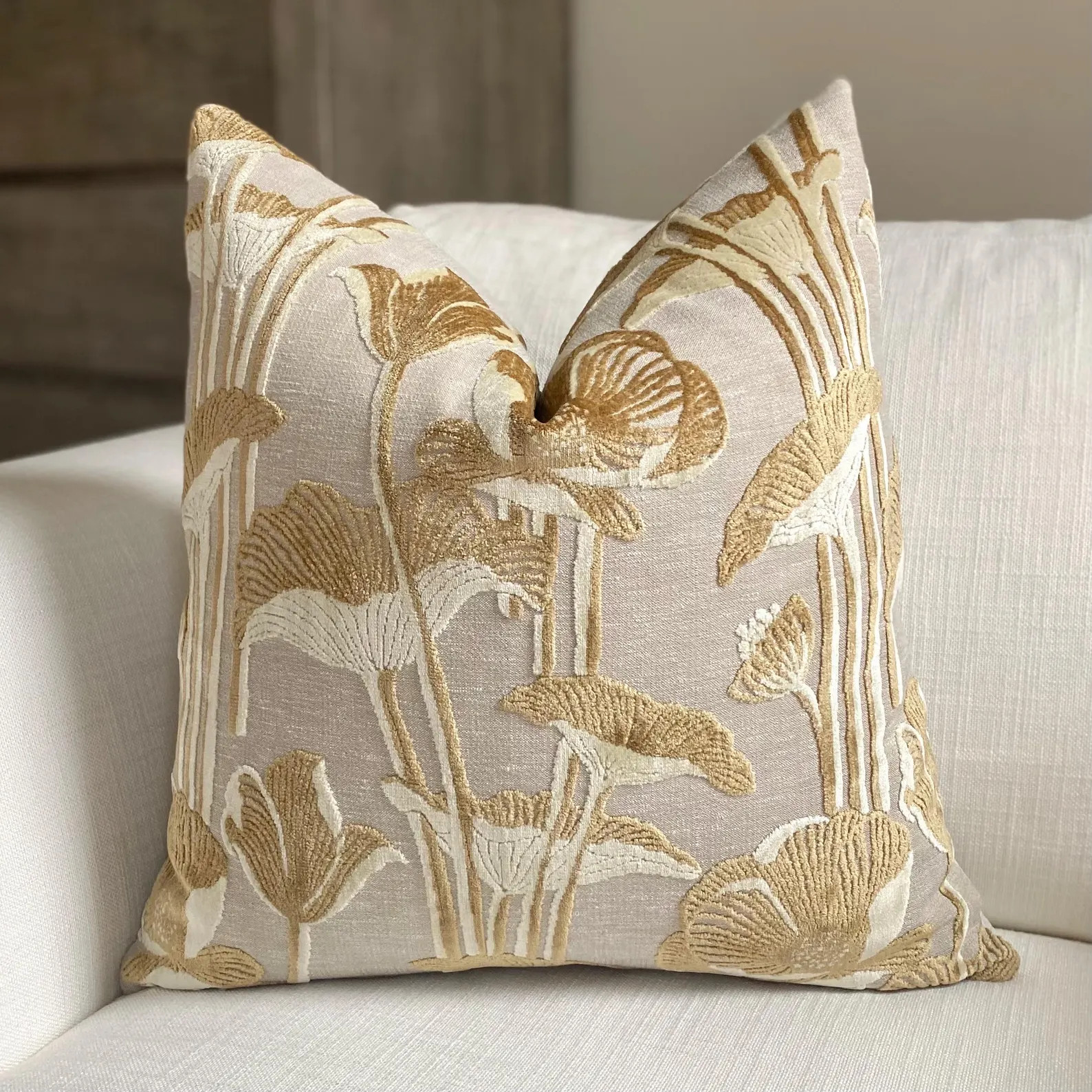 Gold Velvet Floral Print Throw Pillow Cover, Cover Only | Etsy (Global)