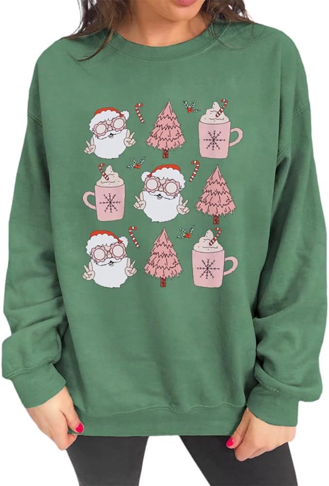 KEKEMI Women's Christmas Sweatshirt Vintage Santa Sweater Crewneck Xmas Tree Coffee Graphic Shirt... | Amazon (US)