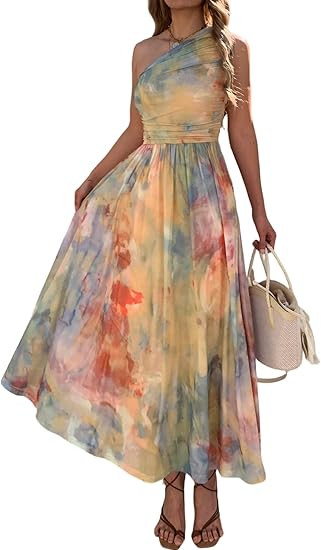 Women Summer One Shoulder Maxi Dress Sleeveless Ruched Mesh Long Beach Vacation Floral Sundresses... | Amazon (US)
