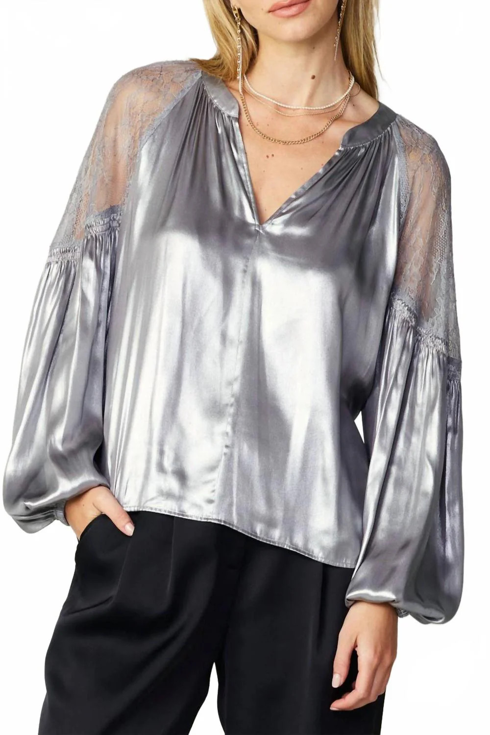 Metallic Lace Sleeve Top In Silver | Shop Simon