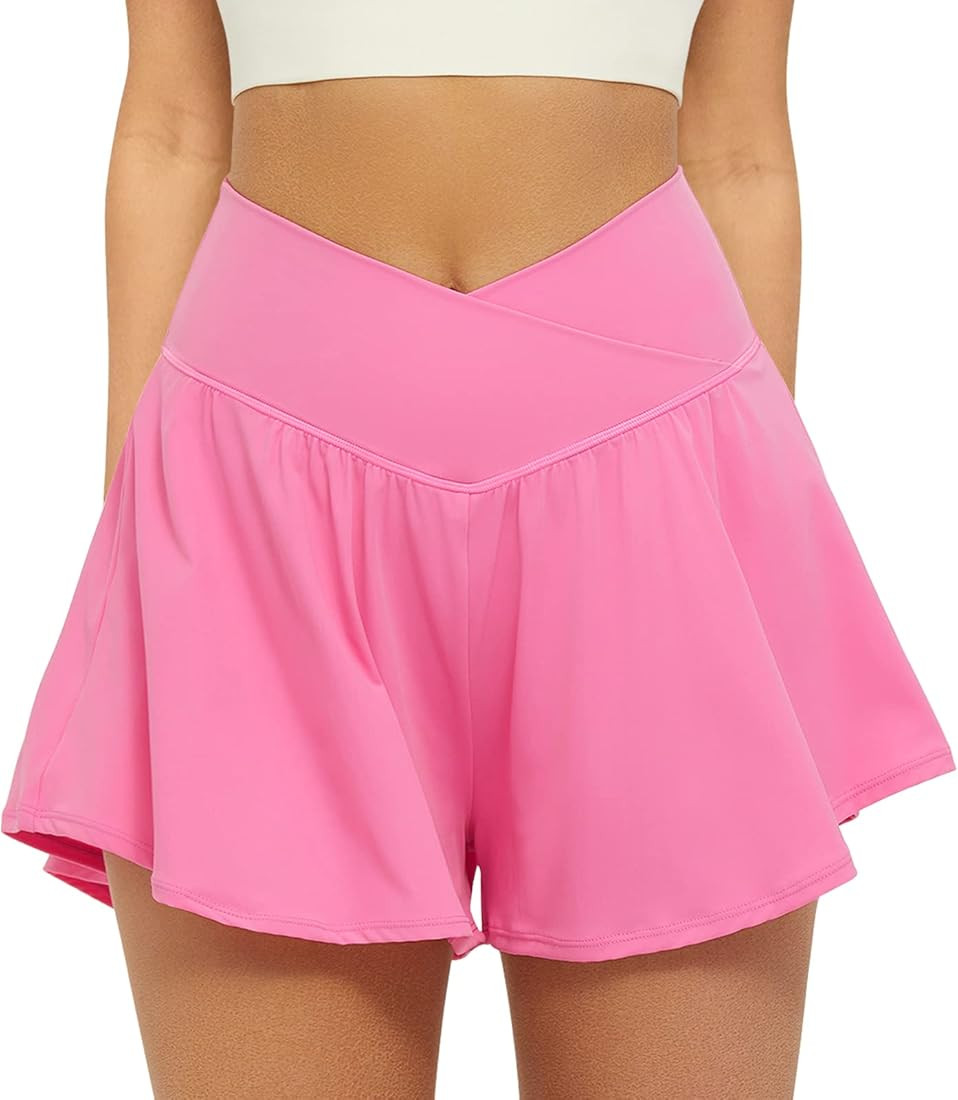 Crossover Athletic Shorts for Women 2 in 1 Flowy Running Shorts with Pockets Spandex Butterfly Wo... | Amazon (US)