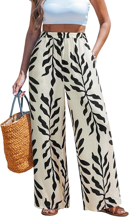 CUPSHE Women Wide Leg Beach Pants Tropical Floral Plus Size Pants with Pockets Vacation Casual Dr... | Amazon (US)