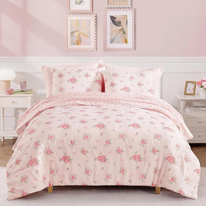 Twin XL Comforter Set for Girls - 5 Pieces Pink Rose Twin Bedding Sets | Soft Floral Bow Bed in a... | Amazon (US)
