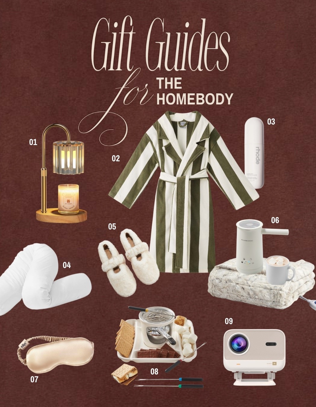 Gift guides for the homebody!

Christmas gift for her, mother in law Christmas gifts, sister holiday gifts, cozy, robe, rhode, white elephant ideas, homebody gifts, stay at home mom, creative gift ideas 