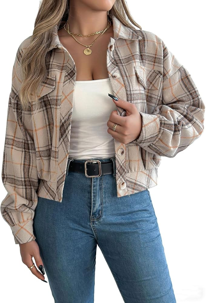 utcoco Women's Vintage Plaid Shacket Jacket Casual Lapel Button Down Long Sleeve Cropped Coat Out... | Amazon (US)
