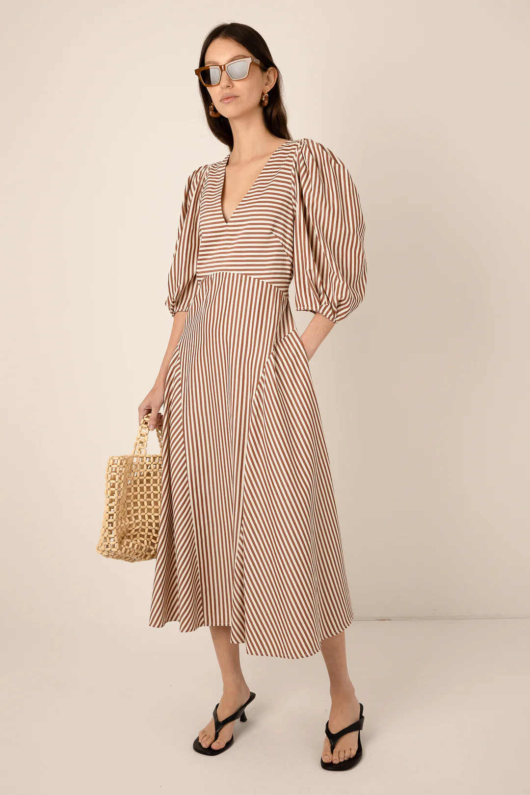 Striped Maxi Dress with Puff Sleeves in Brown | Vivere London