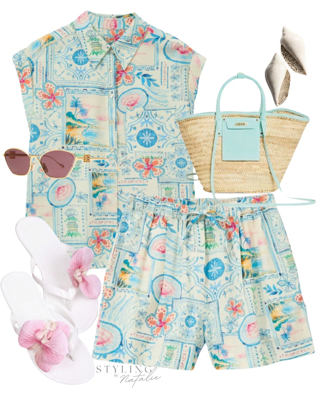 Summer outfit, postcard print co ord set, matching shirt and shorts, resort wear style, flower sandals, beach wear, Loewe sunglasses, seashell earrings. Holiday outfit, vacation outfit.

#LTKsummer #LTKuk #LTKtravel