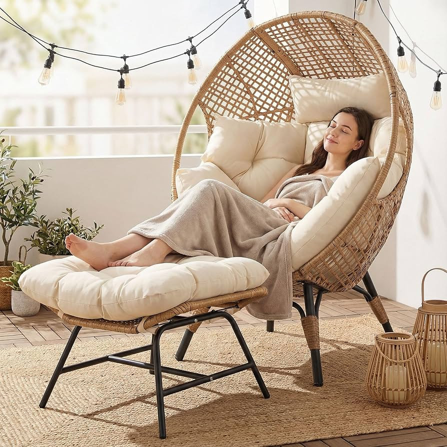 NICESOUL Wicker Egg Chair with Ottoman, Indoor Outdoor Egg Basket Lounge Chair w/Cushion, Oversiz... | Amazon (US)