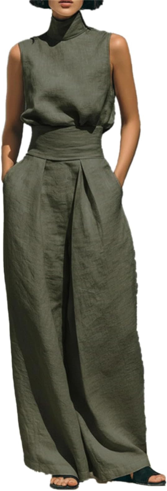 2 Piece Sets for Women Linen, Elegant High Neck Top Wide Leg Pants Set, Summer Formal Sleeveless ... | Amazon (US)