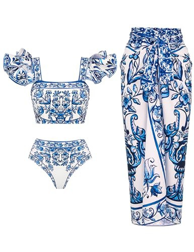 FLAXMAKER Ruffle Porcelain Pattern Majolica Print Back Elastic Band Bikini Swimsuit and Skirt/Sarong (US, Alpha, Medium, Regular, Regular, Blue Bikini and Sarong) | Amazon (US)