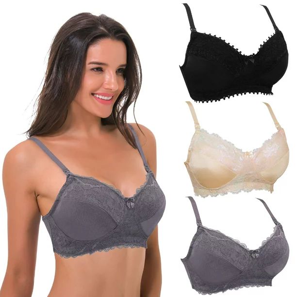Curve Muse Women's Plus Size Nursing Wirefree Bra with Full Figure Lace-3Pack-GRAY,Nude,BLACK-38D... | Walmart (US)