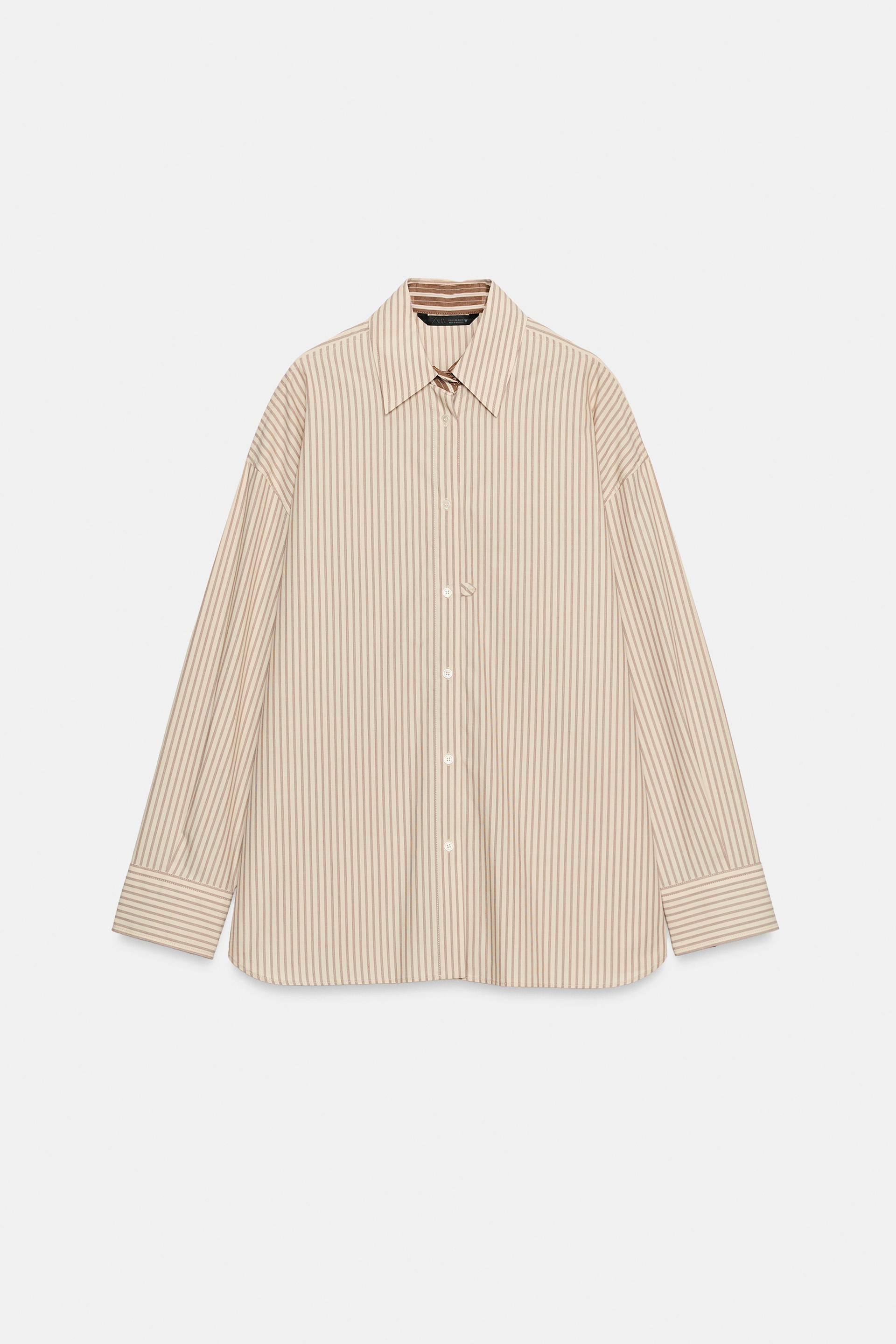 Zara - Oversize Striped Poplin Shirt - Beige - L - Woman | Zara UK