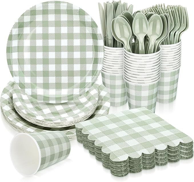168 Pcs Gingham Party Supplies for 24 Guests Paper Plates Knives Spoons Forks Napkins Cups Dispos... | Amazon (US)