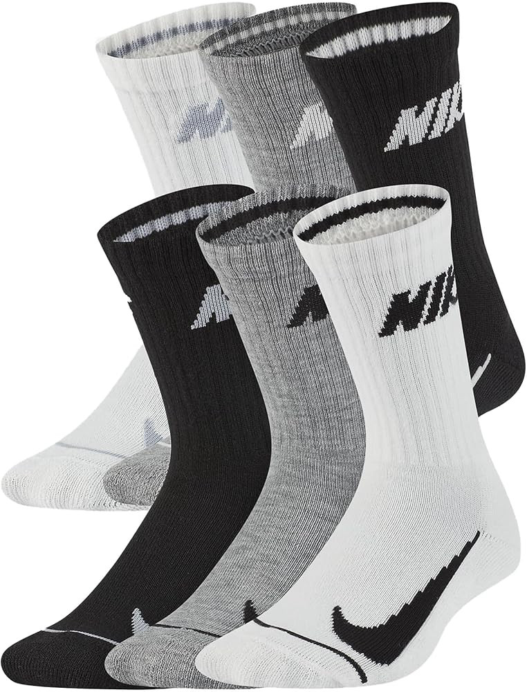 Nike Boy`s Cushioned Crew Socks 6 Pack (Black(BN0509-042)/Grey/White, 5-7(Kids 10C-3Y)) | Amazon (US)