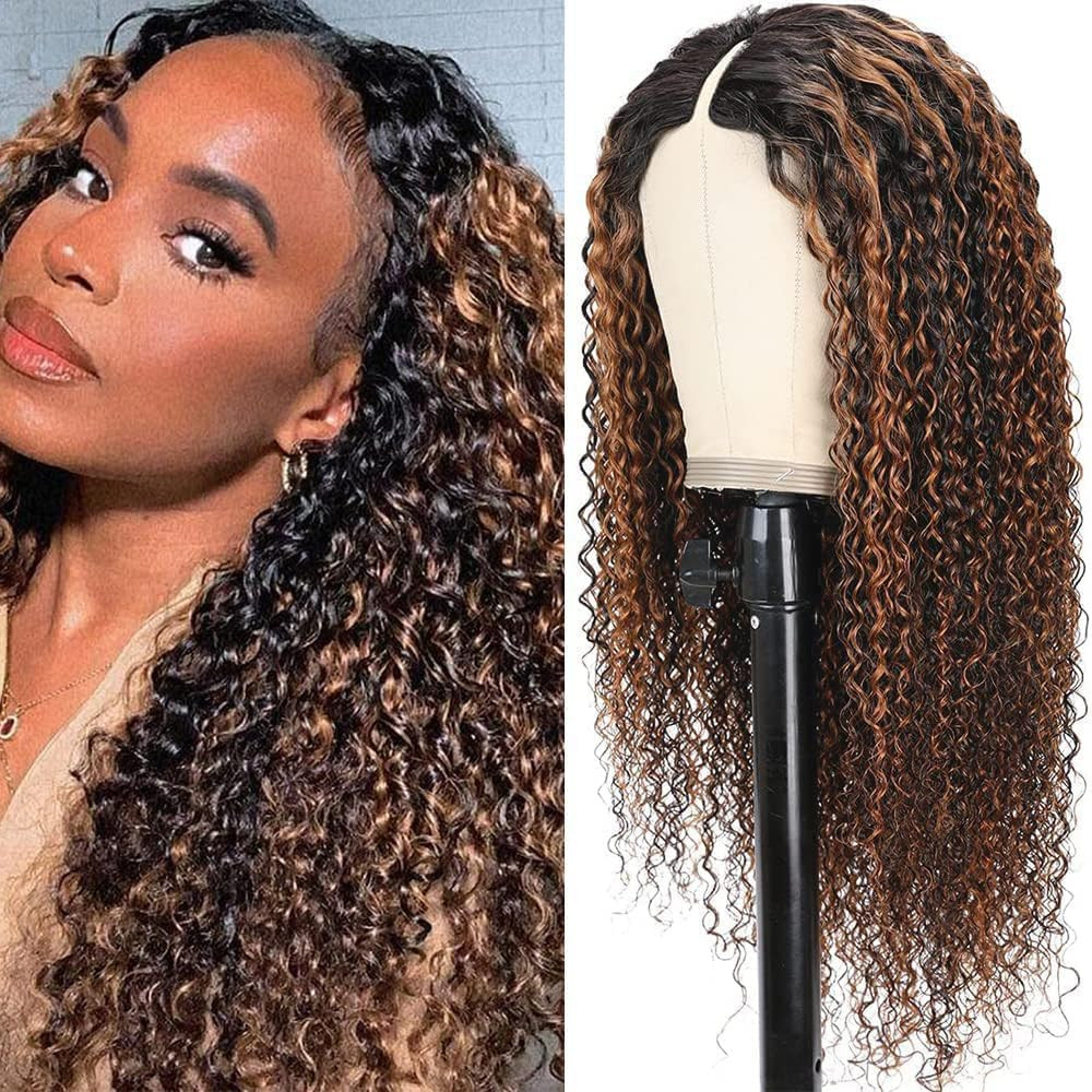 Ainmeys Curly V Part Wigs Ombre Brown V Shape Wigs for Black Women No Leave Out Lace Front Wigs U... | Amazon (US)