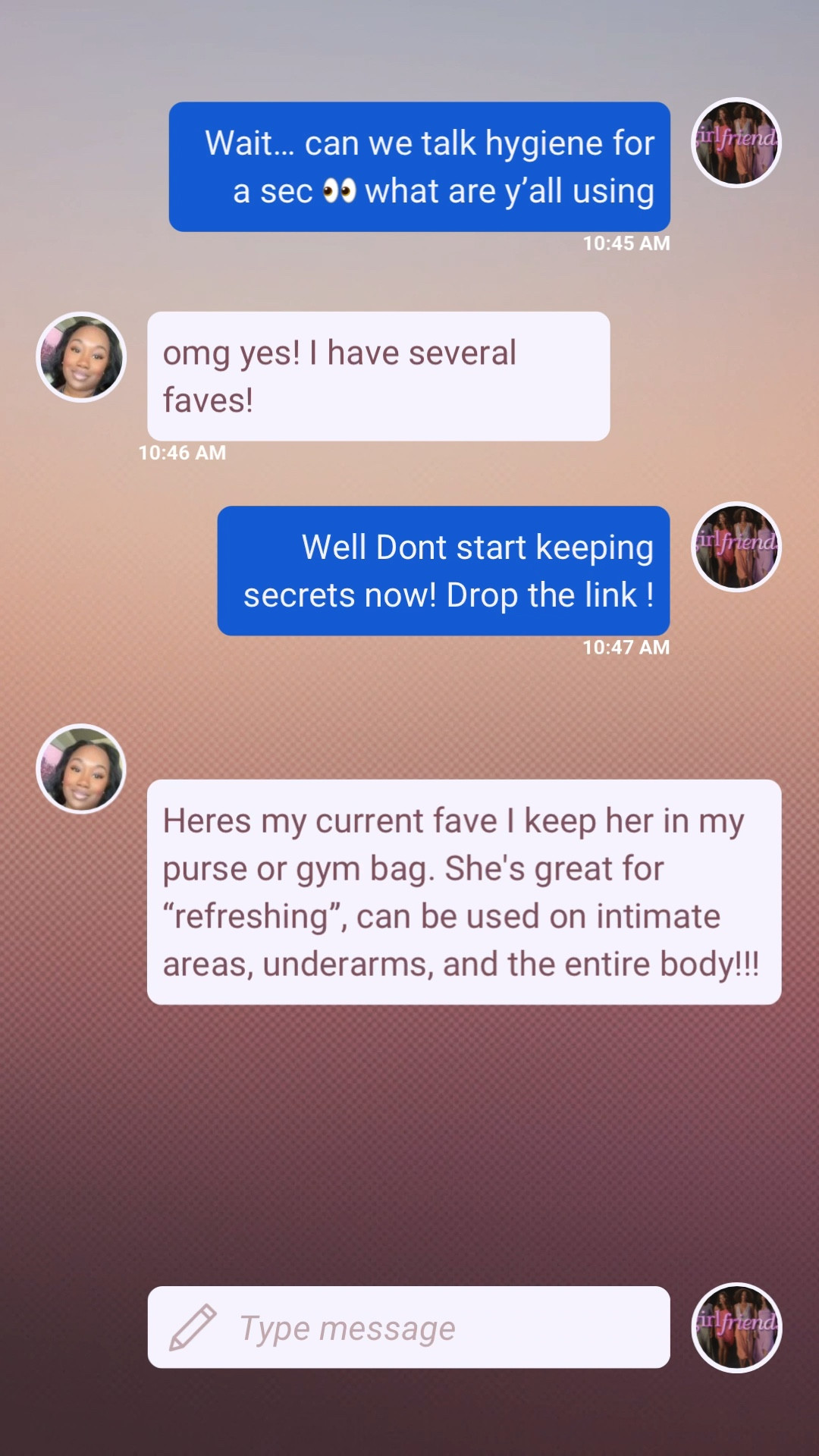 IDK about you and your group chat 💬, but in mine we talk about everything! Here are some of my Group chat approved feminine & body care essentials, all in one place.

 Starting off strong with my personal favorite. 
The Luna Daily "Everywhere Spray-To-Wipe" its super  versatile! From your purse or gym bag she's safe to use on the whole body, including intimate areas. She's the perfect thing when you want to  "refresh".  
Spray 2–4 pumps directly onto skin or onto toilet tissue/cloth to cleanse and done ✅. 

See you in the next chat for my next favorite group chat approved product ! 
 @Sephora 

 

#LTKselfcare #LTKActive #LTKBeauty