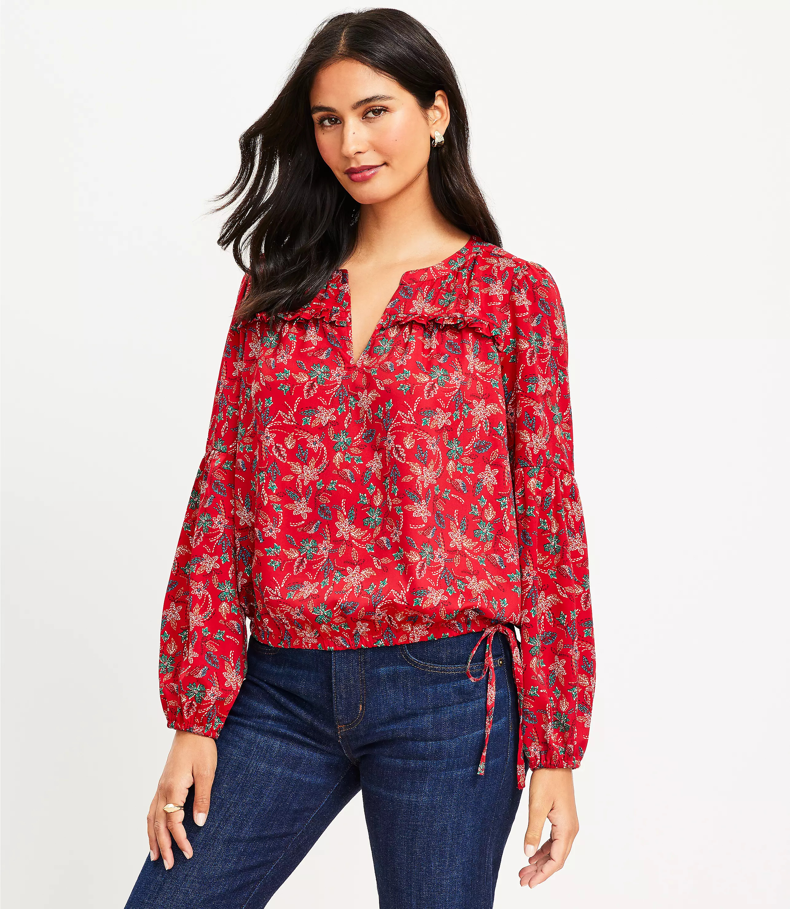 Garden Ruffle Yoke Tie Hem Blouse | LOFT