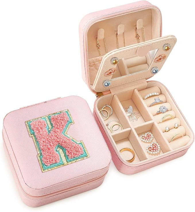 SANDJEST Personalized Jewelry Box, Pink Travel Jewelry Box with Initial K, Small Monogrammed Jewe... | Amazon (US)