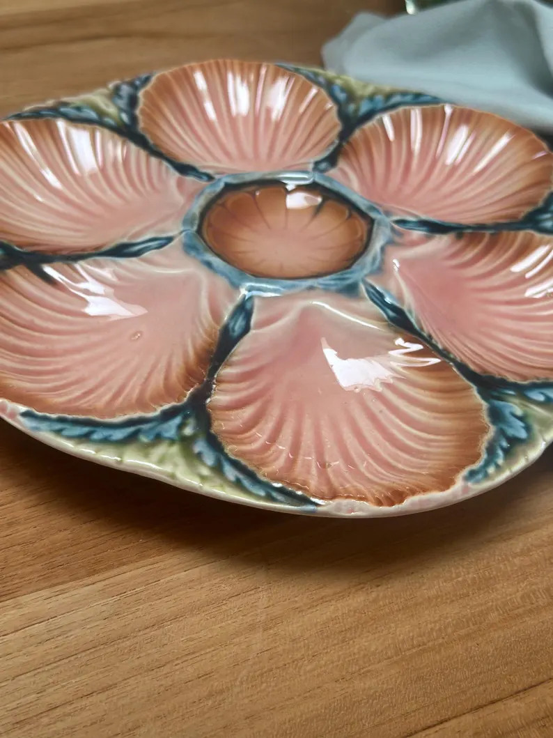 French antique oyster serving platter Sarreguemines majolica multicolor oyster plate France rare ... | Etsy (US)