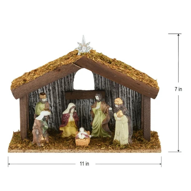 Holiday Time 8-Piece Battery Operated Indoor Porcelain Nativity Scene with Wooden Stable with 3 W... | Walmart (CA)
