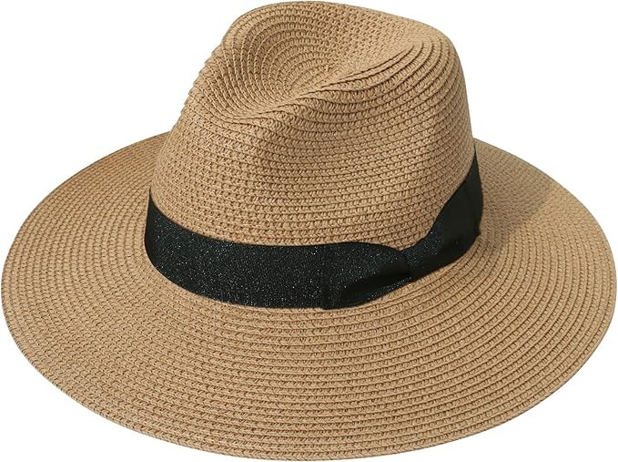 Lanzom Women Wide Brim Straw Panama Roll up Hat Belt Buckle Fedora Beach Sun Hat UPF50+ | Amazon (US)