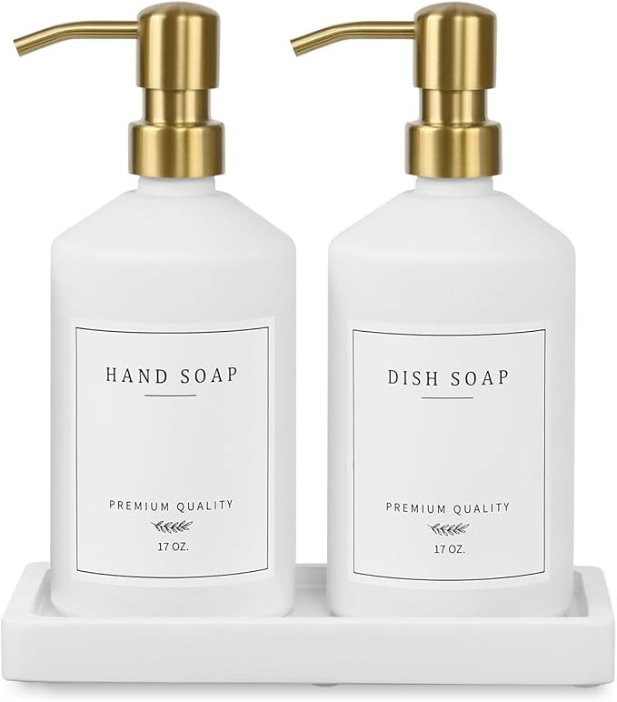Gold Soap Dispenser Set, Glass Hand and Dish Soap Dispenser Set with Tray,Stainless Pump,14 Stick... | Amazon (US)