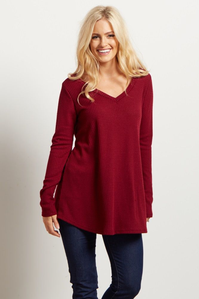 Burgundy Solid V Neck Knit Thermal Top | PinkBlush Maternity