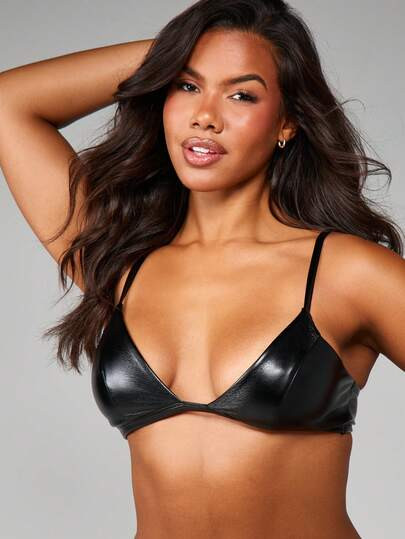 MISSGUIDED Sleek Faux Leather Triangle Bralette With Strappy Details And Adjustable Hook And Eye ... | SHEIN