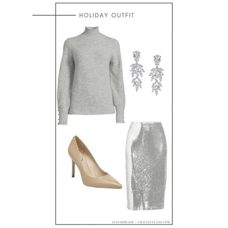 Holiday outfit idea 
Sequin skirt, skirt, Christmas outfit, earrings, holiday outfit, holiday style, women’s fashion, Walmart, Walmart, fashion, tan heels, sweater, scoop, time and tru, heels