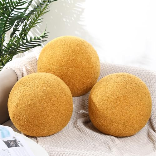 Suzile 3 Pcs Round Ball Pillows Decorative 13.8 Inch Circle Fluffy Plush Throw Pillow Inserts for Bedroom Living Room Couch Bed Home Decoration(Ginger) | Amazon (US)