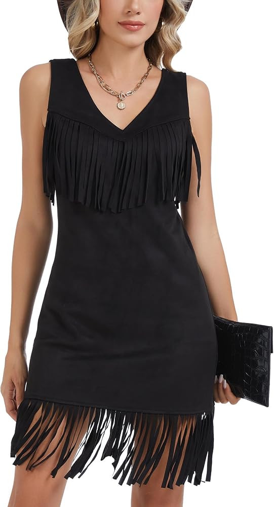 Dilgul Women's Fall Faux Suede Dress Vintage V Neck Sleeveless Slightly Stretchy Fringe Cowgirl O... | Amazon (US)