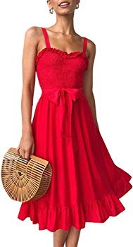Women's Dresses - Summer Boho Floral Spaghetti Strap Button Down Belt Swing A line Midi Dress with P | Amazon (US)