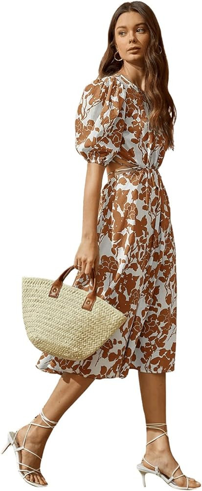 SweatyRocks Women's Boho Floral Puff Sleeve Cut Out Dress Tie Back A Line Midi Dresses | Amazon (US)