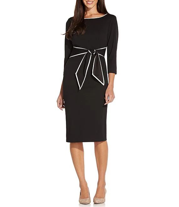 Adrianna Papell Contrasting Trim Boat Neck 3/4 Sleeve Tie Waist Crepe Sheath Dress | Dillard's | Dillard's