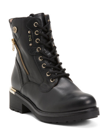 Leather Zip Combat Booties For Women, Leather/Gold | TJ Maxx