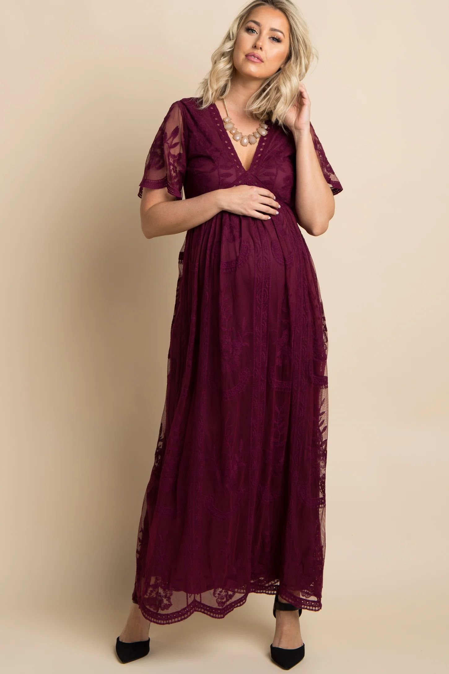 Burgundy Lace Mesh Overlay Maternity Maxi Dress | PinkBlush Maternity