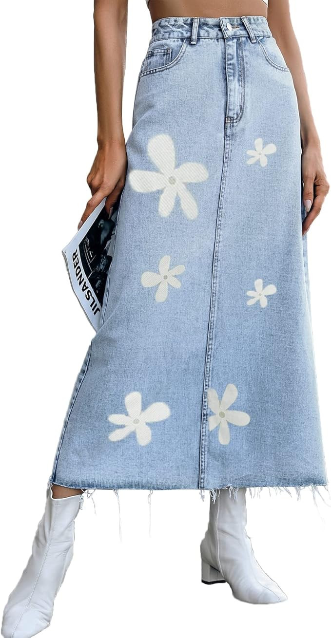 Long Denim Skirts for Women Maxi Paperbag High Waist Frayed Raw Hem A line Flare Jean Skirt with ... | Amazon (US)