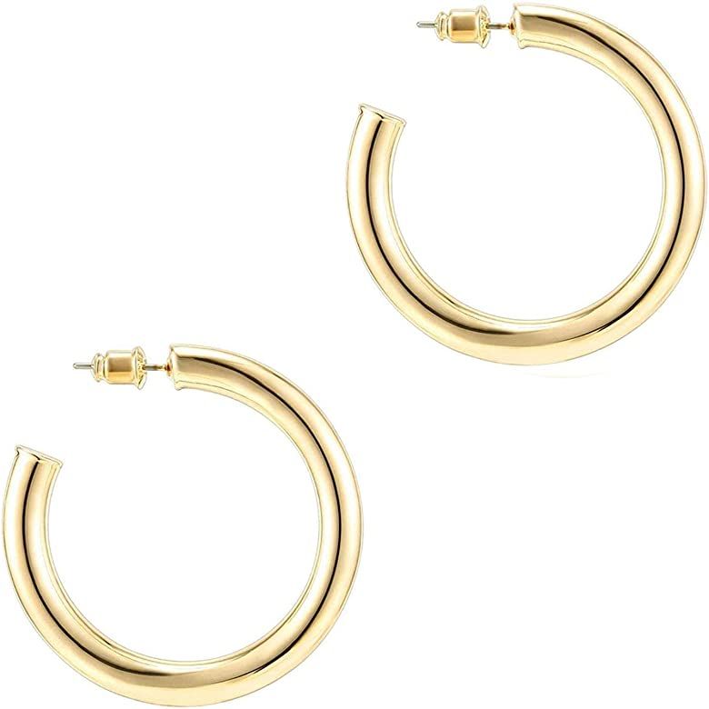Amazon.com: PAVOI 14K Yellow Gold Colored Lightweight Chunky Open Hoops | 30mm Yellow Gold Hoop E... | Amazon (US)
