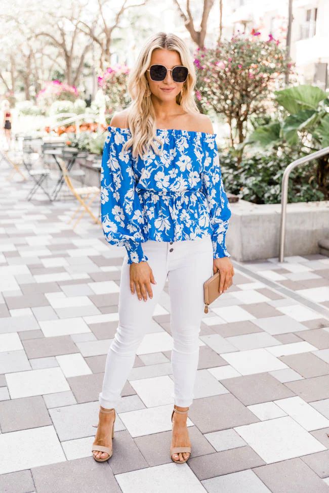 Exactly My Style Tropical Print Blouse Royal Blue FINAL SALE | The Pink Lily Boutique